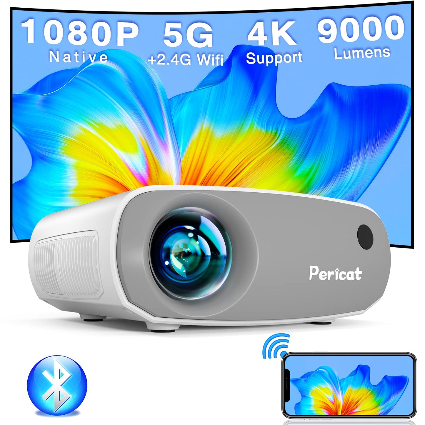 【2023年の進化版スーパーコンパクト・超軽量】プロジェクター、小型9200ルーメン、家庭用5GWIFI、ネイティブ解像度1080P、4K対応、Bluetooth 5.0、ズーム機能、360度回転可能、天井取り付け対応、家庭用プロジェクター、300インチ大画面、内蔵HIFIスピーカー、スマートフォン/タブレット/PC/テレビスティック/PS4/PS5/DVDプレーヤーなどに対応(グレー)