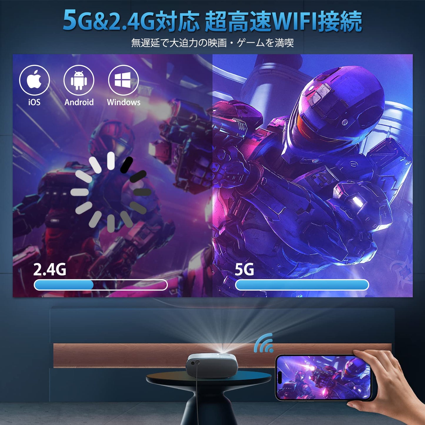 【新登場&超小型&ガチ画質】 プロジェクター 小型 11000lm 家庭用 5GWIFI 1080Pネイティブ解像度 4K対応 Bluetooth搭載 短距離投影ホームシアター ミニプロジェクター ズーム機能 天井投影 ホームプロジェクター 投影仪 スマホ画面共有 300インチ大画面 HIFIスピーカー内蔵 スマホ/パソコン/TV Stick/PS5/DVDプレヤーなど接続 2年保証 (ホワイト)