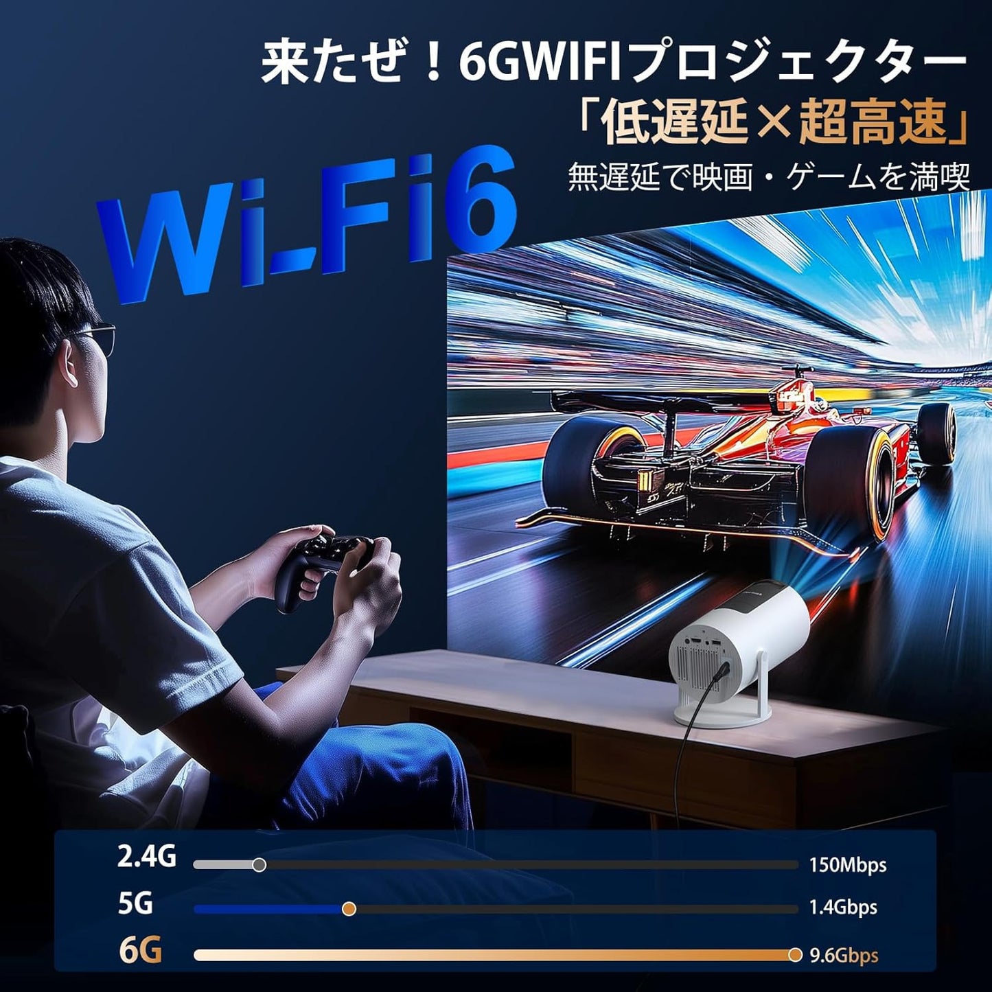 プロジェクター小型 【令和6年10月新登場！知能自動台形補正＆明るさプラス＆270°回転】Wi-Fi6瞬間接続 16000LM 天井投影 Bluetooth5.4 4k対応 1080Pプロジェクター家庭用 ホームプロジェクターモバイルプロジェクター HiFiスピーカー内蔵 短距離投影50％ズーム機能スマホ/ノートパソコン/DVD/PS4/Switch/などに対応