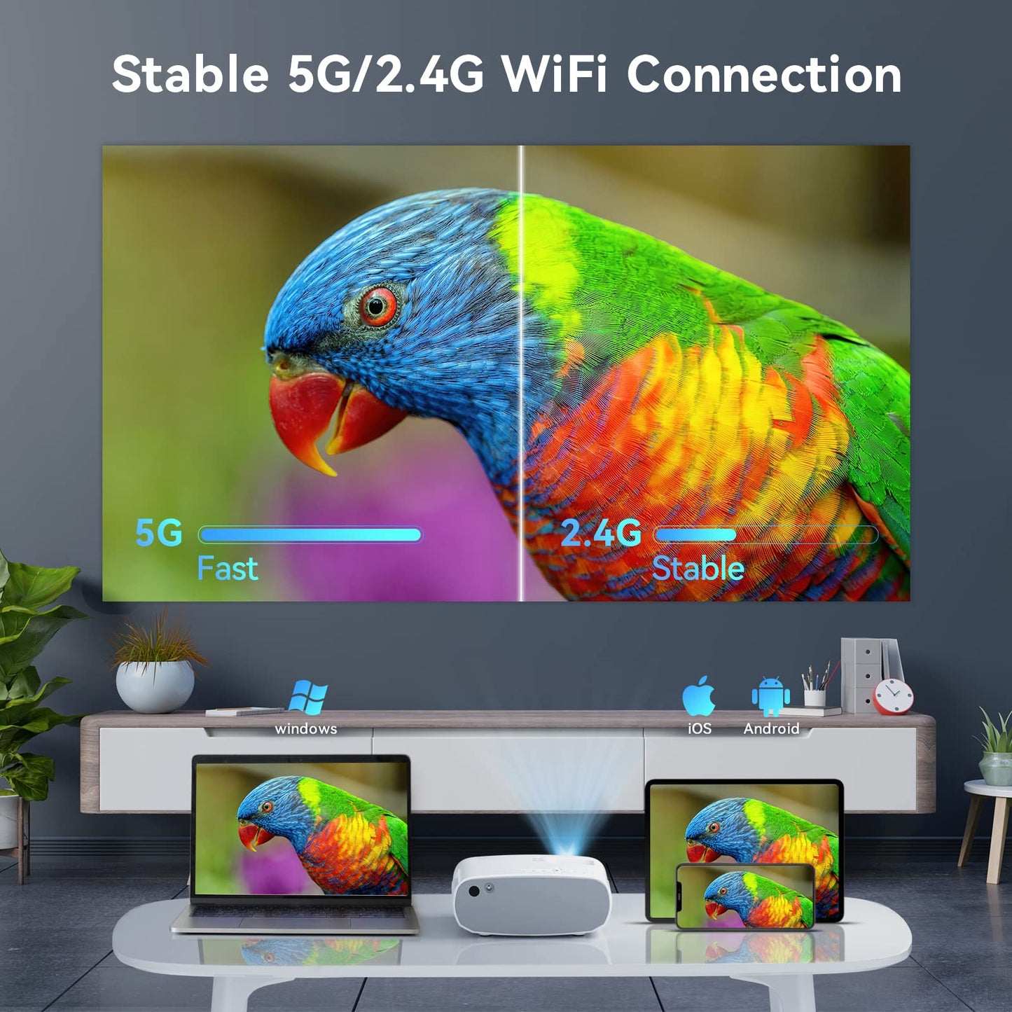 【2023年の進化版スーパーコンパクト・超軽量】プロジェクター、小型9200ルーメン、家庭用5GWIFI、ネイティブ解像度1080P、4K対応、Bluetooth 5.0、ズーム機能、360度回転可能、天井取り付け対応、家庭用プロジェクター、300インチ大画面、内蔵HIFIスピーカー、スマートフォン/タブレット/PC/テレビスティック/PS4/PS5/DVDプレーヤーなどに対応（グレー）